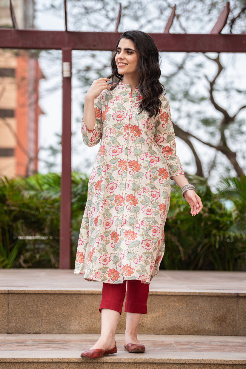 Buy Pink Khari Print Cotton Kurta Online at Jaypore.com | Cotton kurti  designs, Kurti designs, Kurta neck design